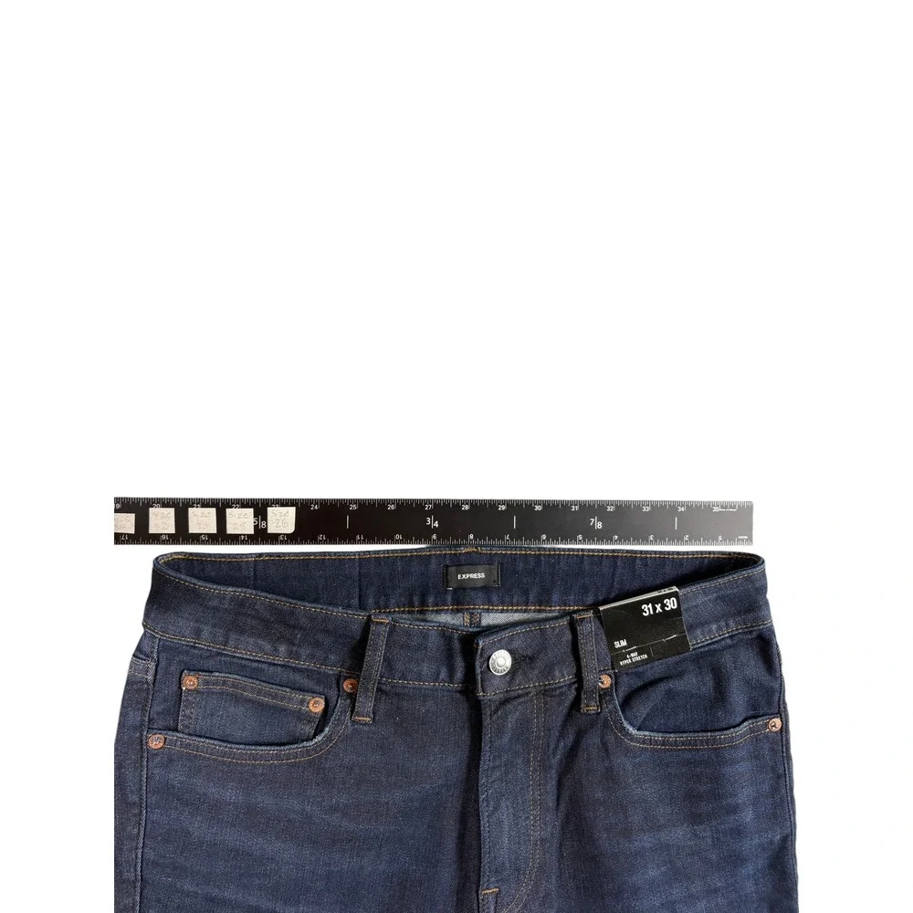 Express Jeans Mens 31x30 Blue Denim Whiskering Hyper Stretch Slim Straight Leg